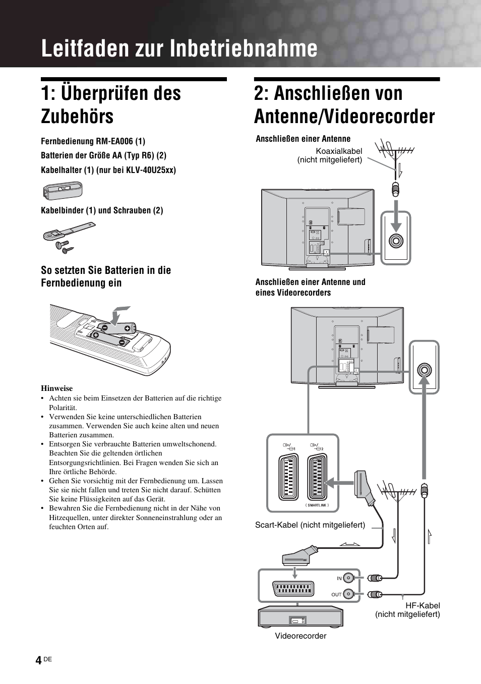 Leitfaden zur inbetriebnahme, Überprüfen des zubehörs, Anschließen von antenne/videorecorder | Sony KLV-26U2520 User Manual | Page 4 / 89