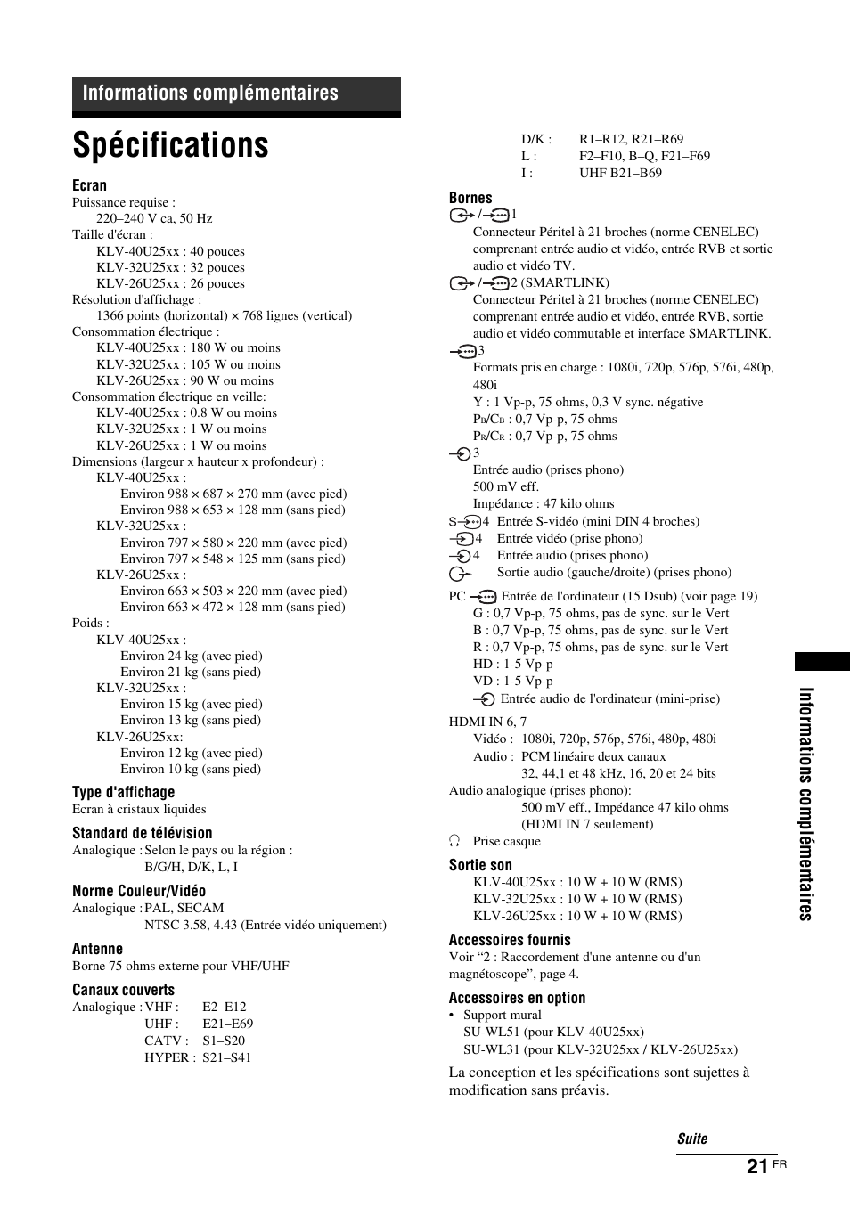 Spécifications, Informations complémentaires | Sony KLV-26U2520 User Manual | Page 43 / 89