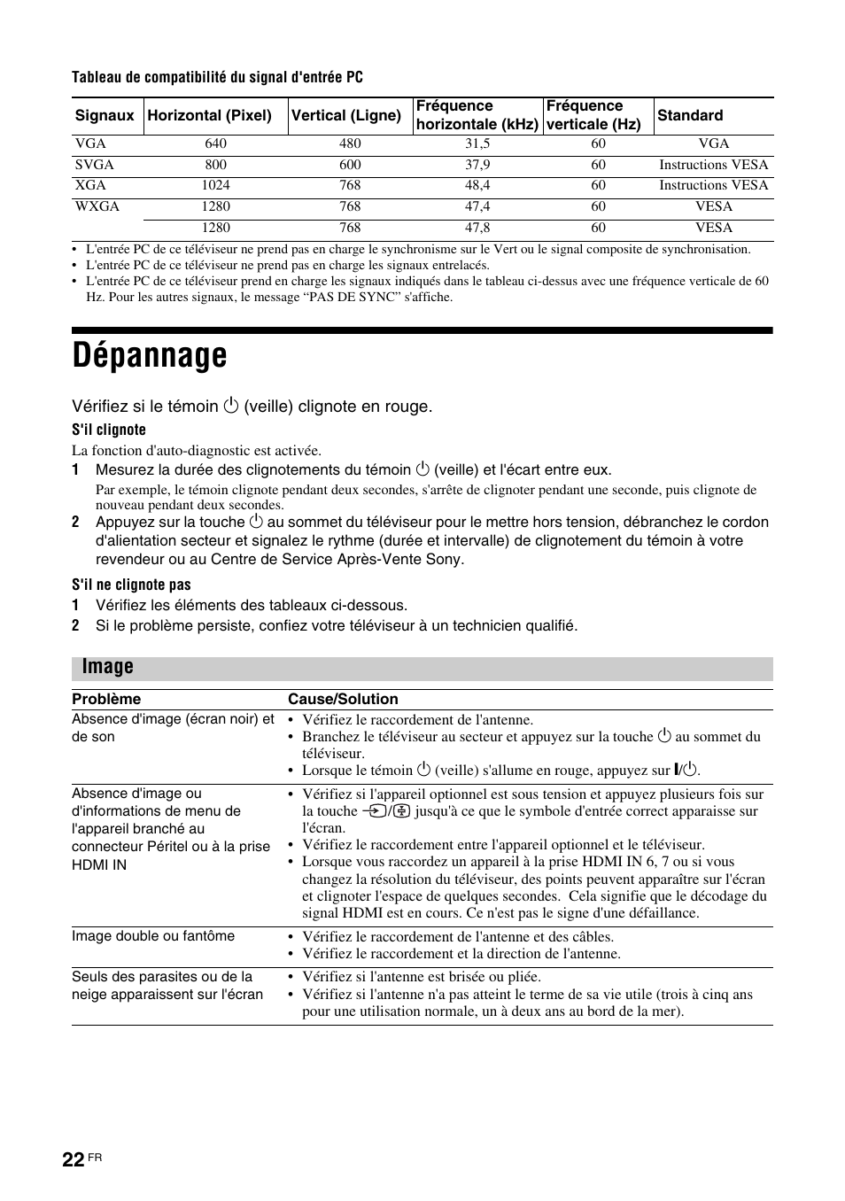 Dépannage, Image | Sony KLV-26U2520 User Manual | Page 44 / 89