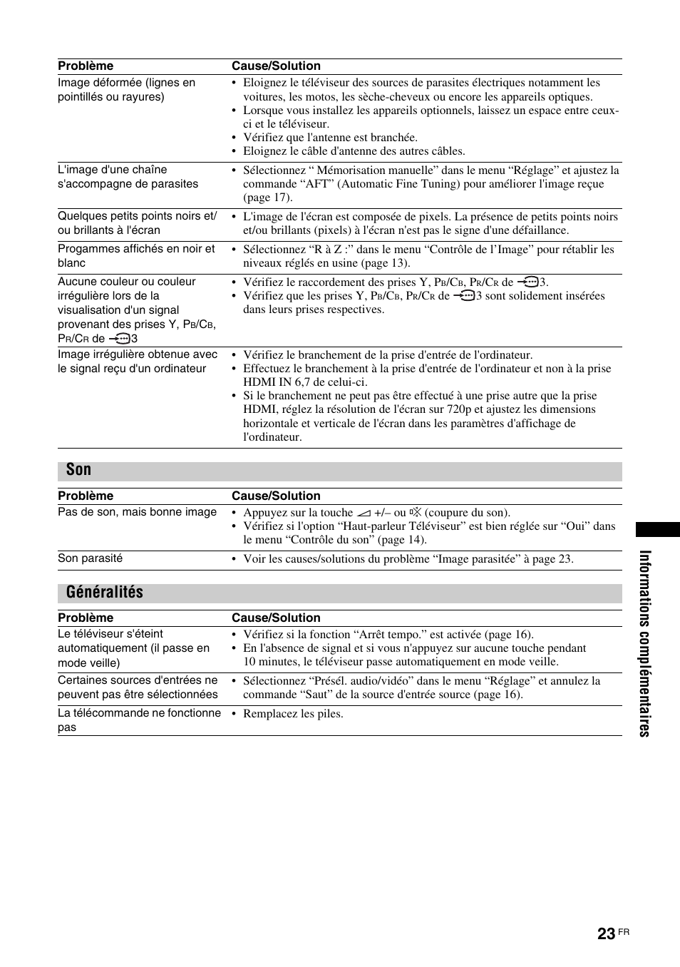 Généralités, Informations complémentaires | Sony KLV-26U2520 User Manual | Page 45 / 89