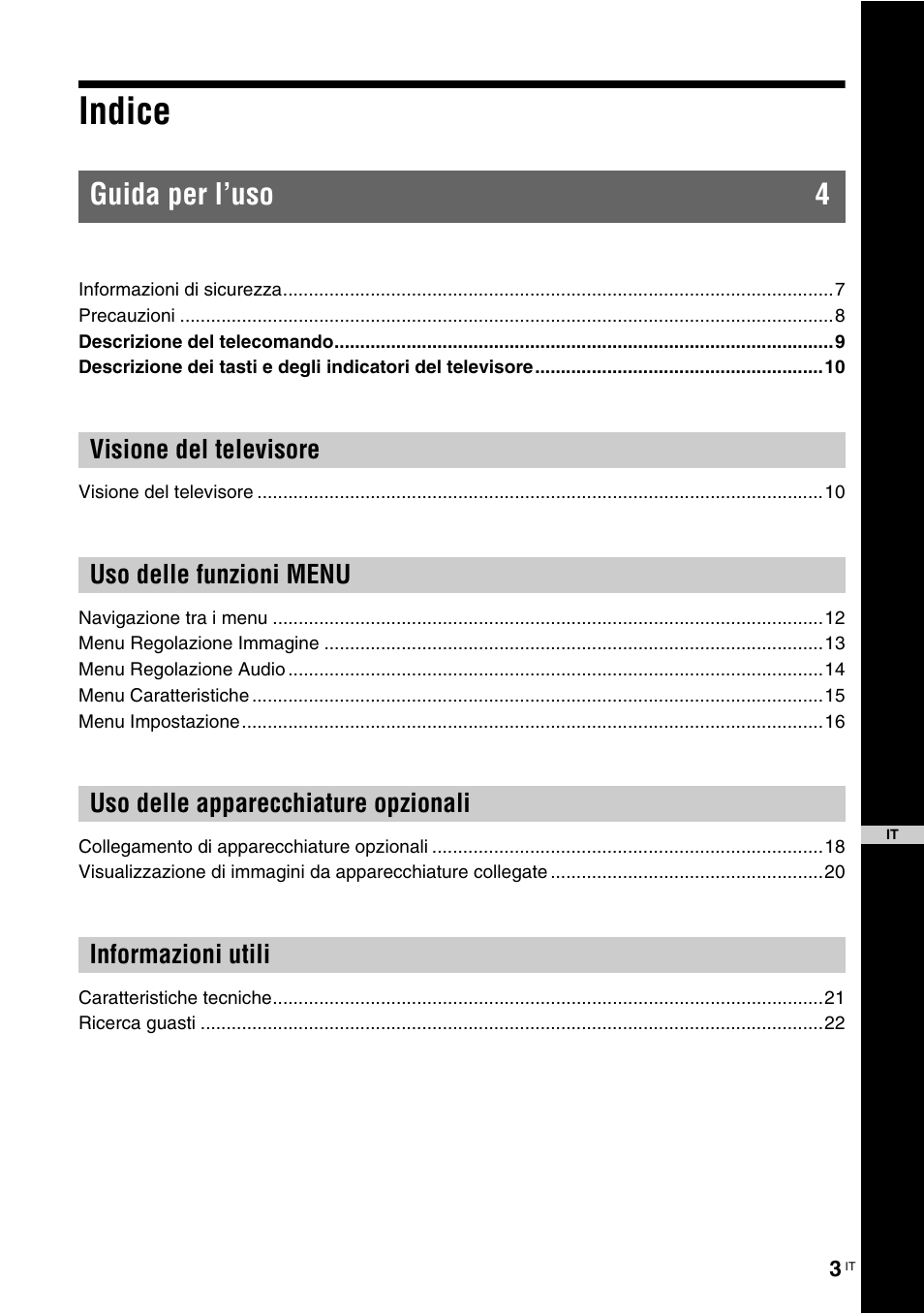 Indice, Guida per l'uso 4, Guida per l’uso 4 | Sony KLV-26U2520 User Manual | Page 47 / 89