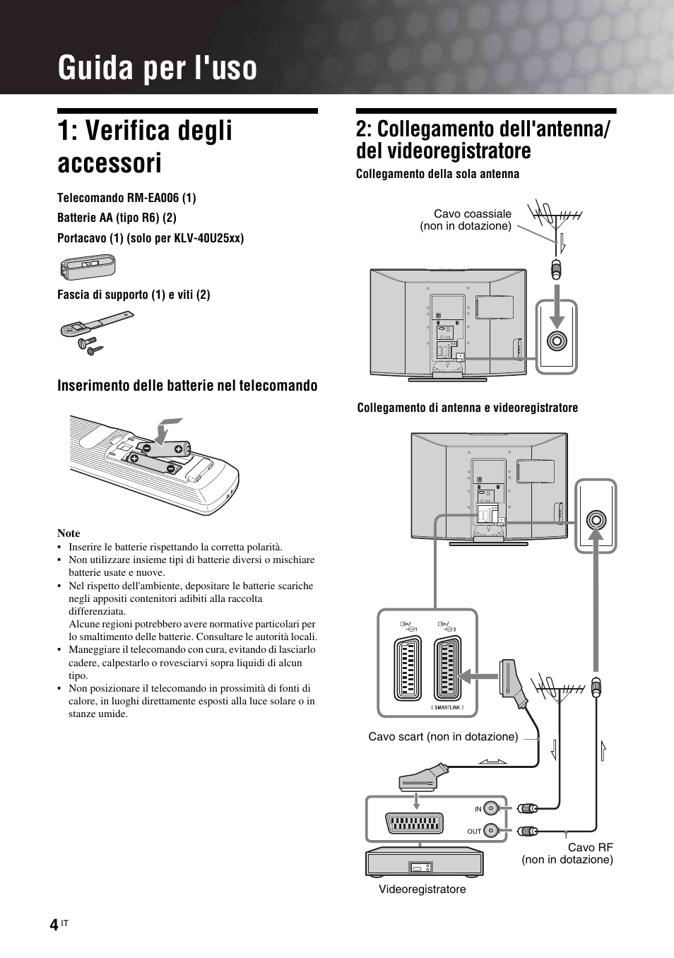 Guida per l'uso, Verifica degli accessori, Collegamento dell'antenna/ del videoregistratore | Sony KLV-26U2520 User Manual | Page 48 / 89