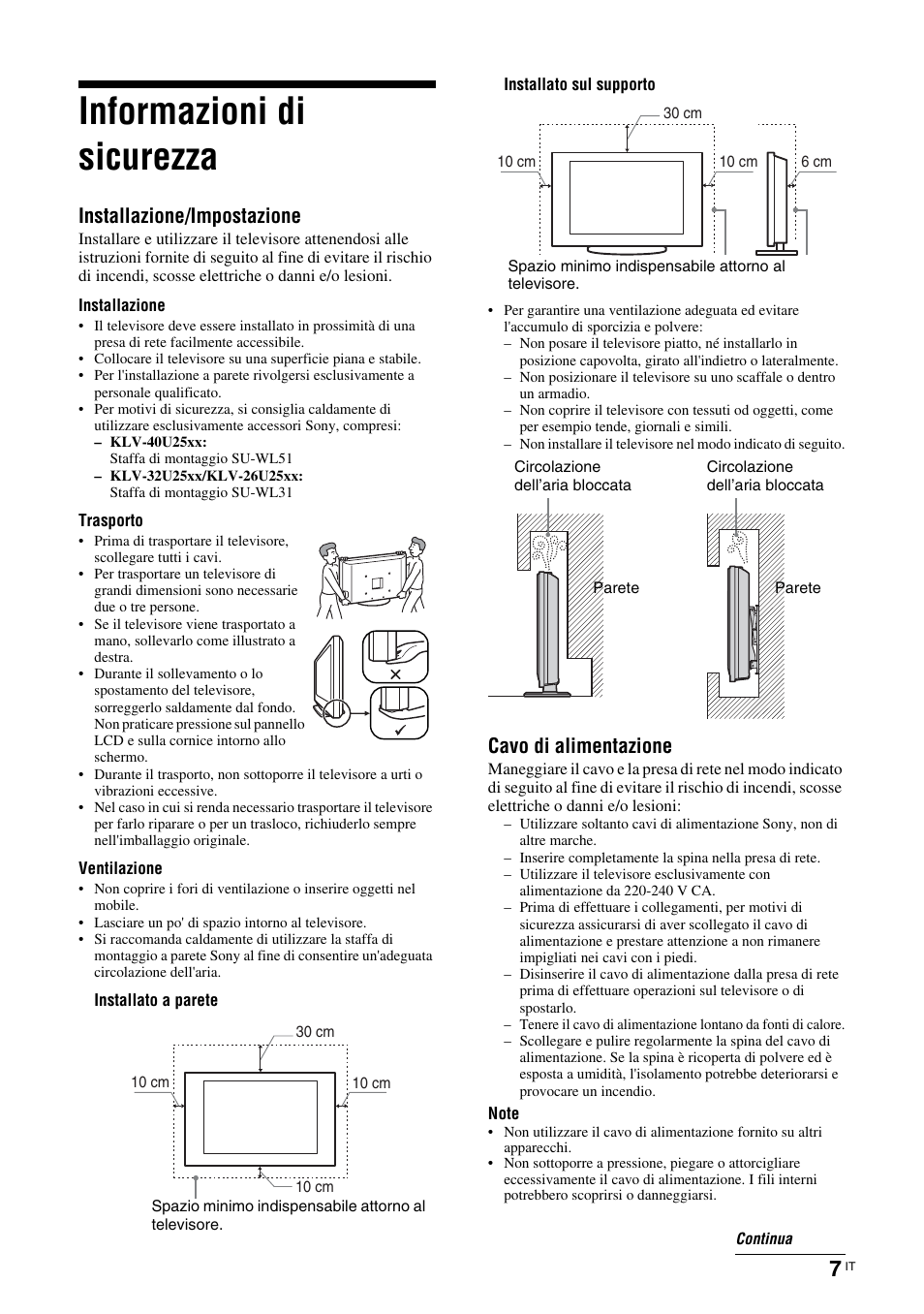 Informazioni di sicurezza, Installazione/impostazione, Cavo di alimentazione | Sony KLV-26U2520 User Manual | Page 51 / 89
