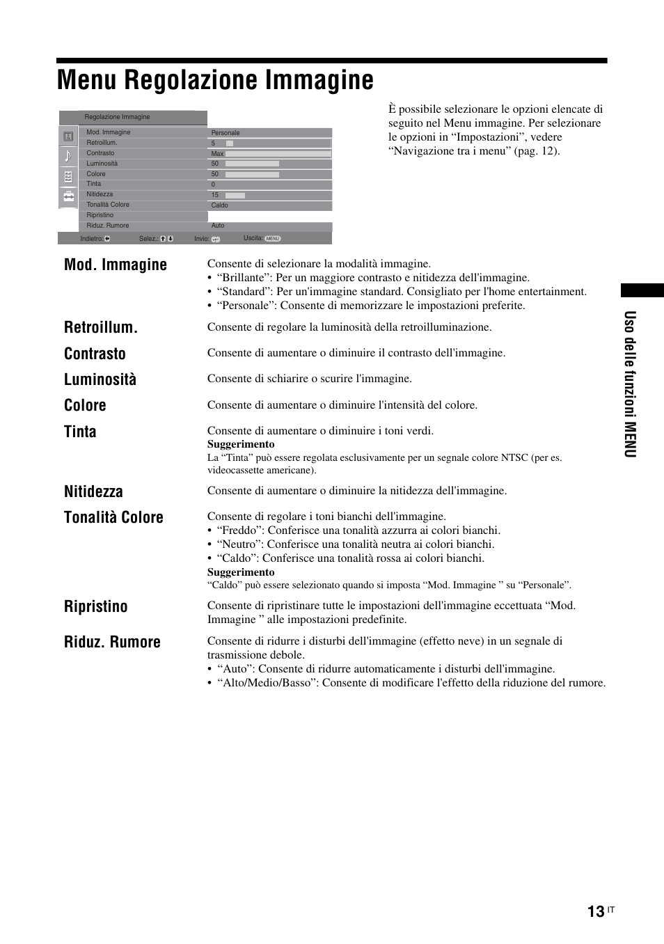Menu regolazione immagine, Mod. immagine, Retroillum | Contrasto, Luminosità, Colore, Tinta, Nitidezza, Tonalità colore, Ripristino | Sony KLV-26U2520 User Manual | Page 57 / 89