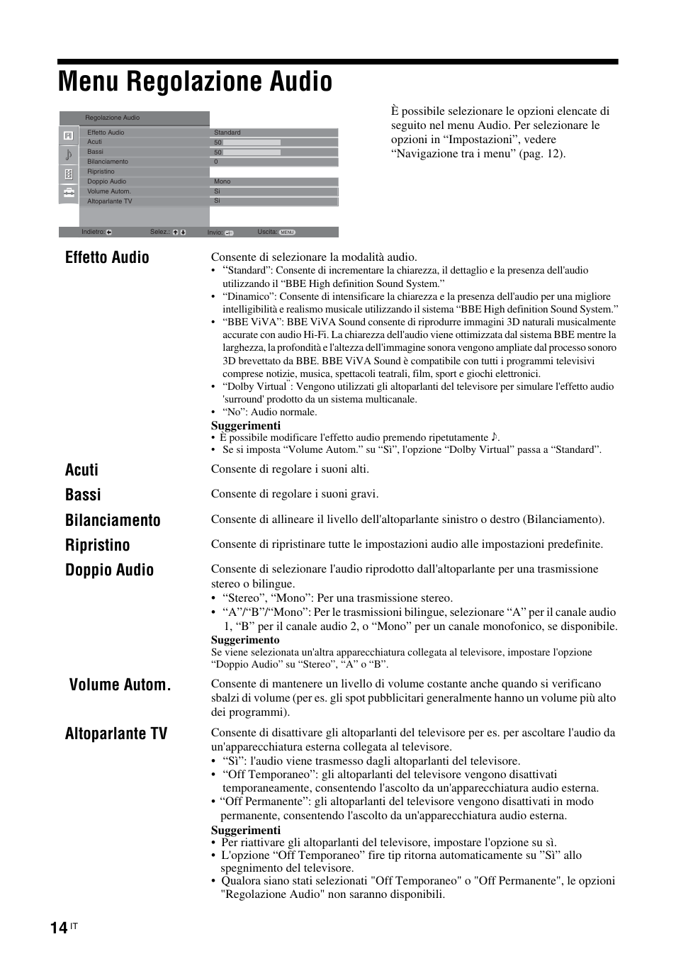 Menu regolazione audio, Effetto audio, Acuti | Bassi, Bilanciamento, Ripristino, Doppio audio, Volume autom, Altoparlante tv | Sony KLV-26U2520 User Manual | Page 58 / 89