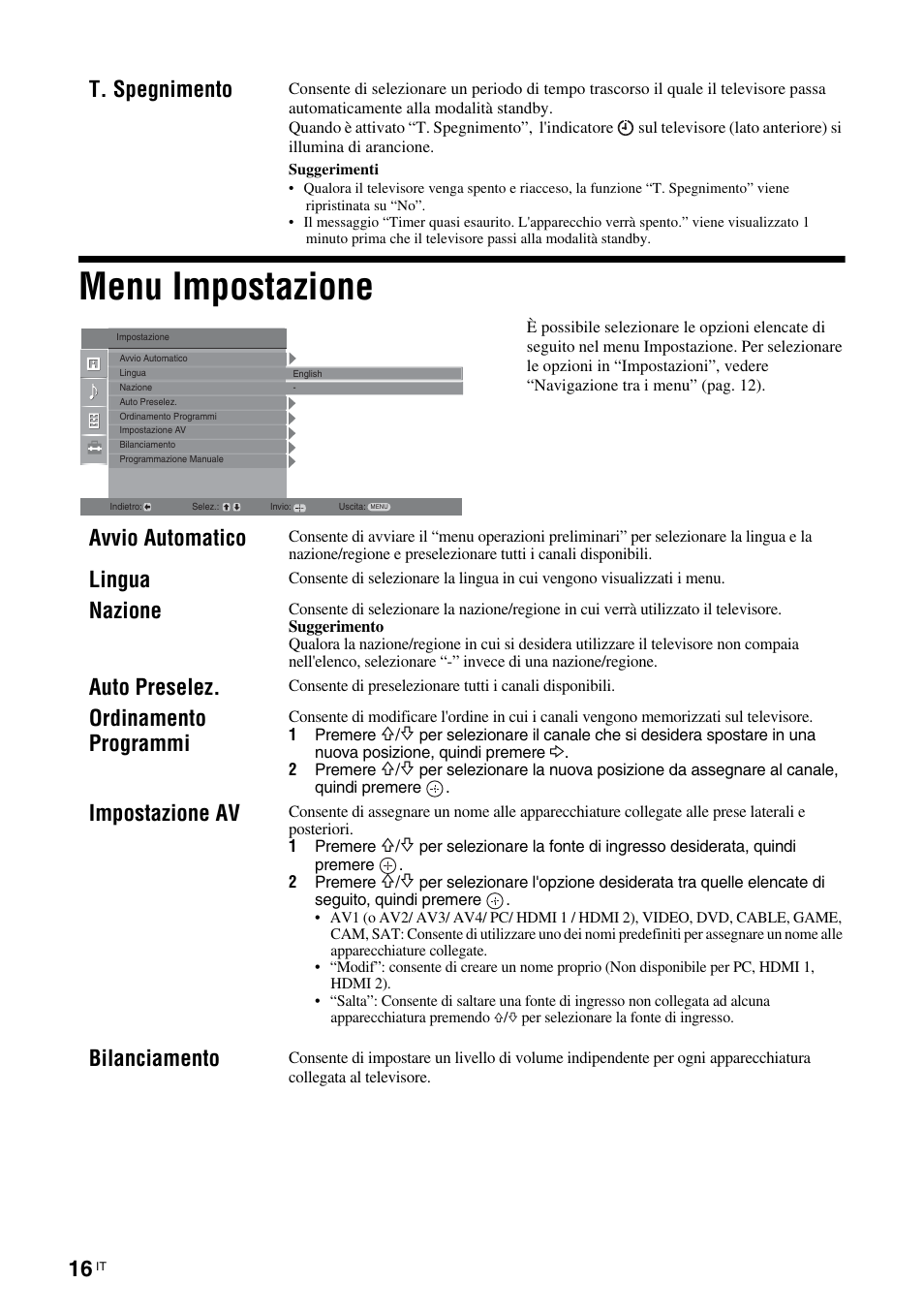 Menu impostazione, T. spegnimento, Avvio automatico | Lingua, Nazione, Auto preselez, Ordinamento programmi, Impostazione av, Bilanciamento | Sony KLV-26U2520 User Manual | Page 60 / 89
