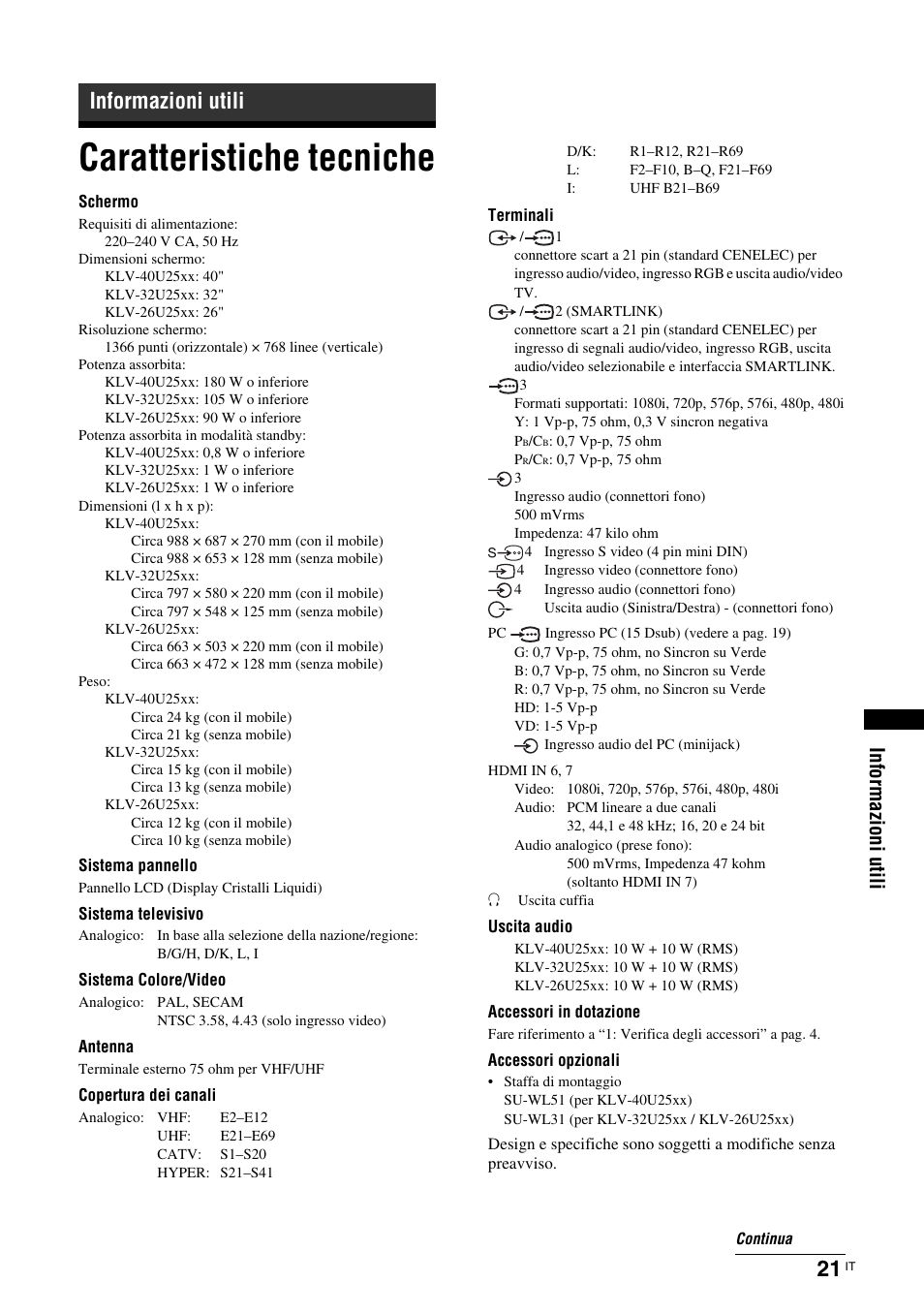 Caratteristiche tecniche, Informazioni utili | Sony KLV-26U2520 User Manual | Page 65 / 89