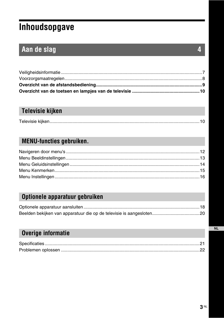 Inhoudsopgave, Aan de slag 4 | Sony KLV-26U2520 User Manual | Page 69 / 89
