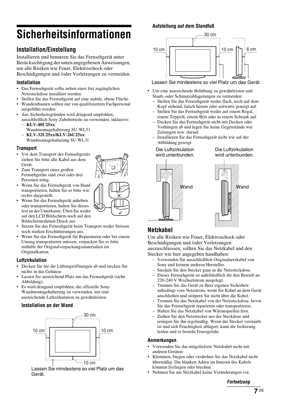 Sicherheitsinformationen, Installation/einstellung, Netzkabel | Sony KLV-26U2520 User Manual | Page 7 / 89