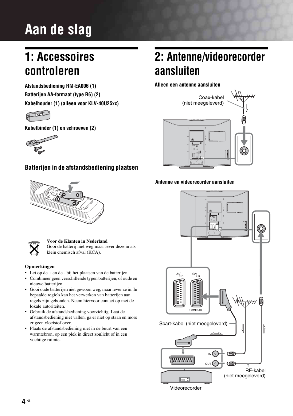 Aan de slag, Accessoires controleren, Antenne/videorecorder aansluiten | Sony KLV-26U2520 User Manual | Page 70 / 89