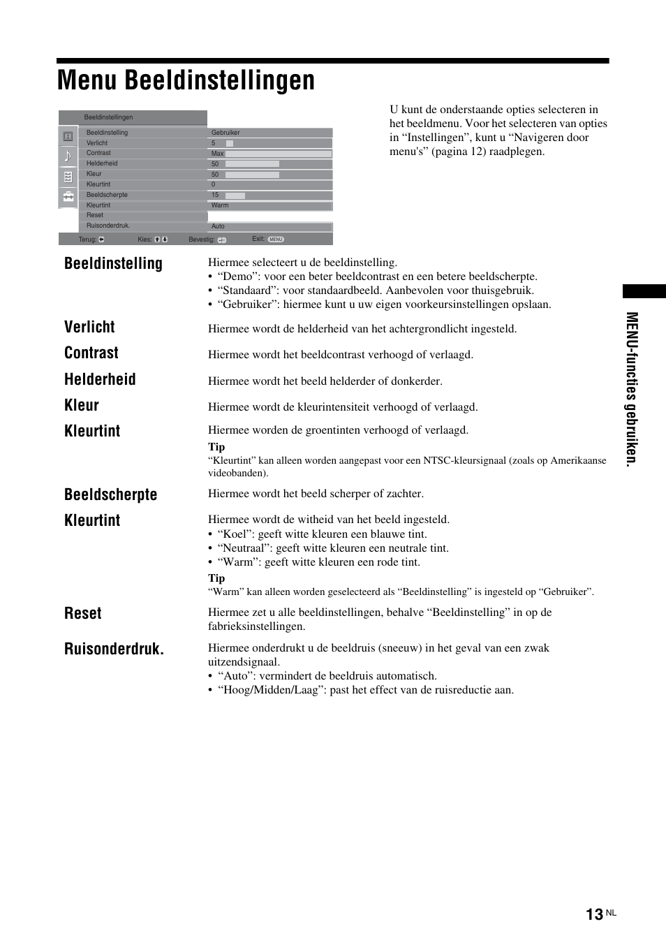Menu beeldinstellingen, Beeldinstelling, Verlicht | Contrast, Helderheid, Kleur, Kleurtint, Beeldscherpte, Reset, Ruisonderdruk | Sony KLV-26U2520 User Manual | Page 79 / 89