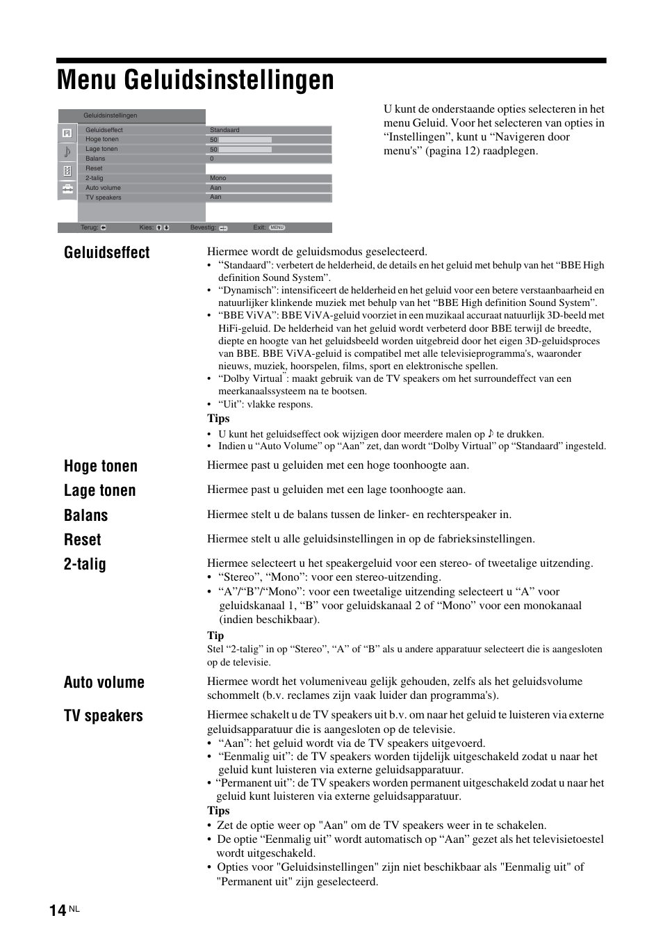 Menu geluidsinstellingen, Geluidseffect, Hoge tonen | Lage tonen, Balans, Reset, Talig, Auto volume, Tv speakers | Sony KLV-26U2520 User Manual | Page 80 / 89
