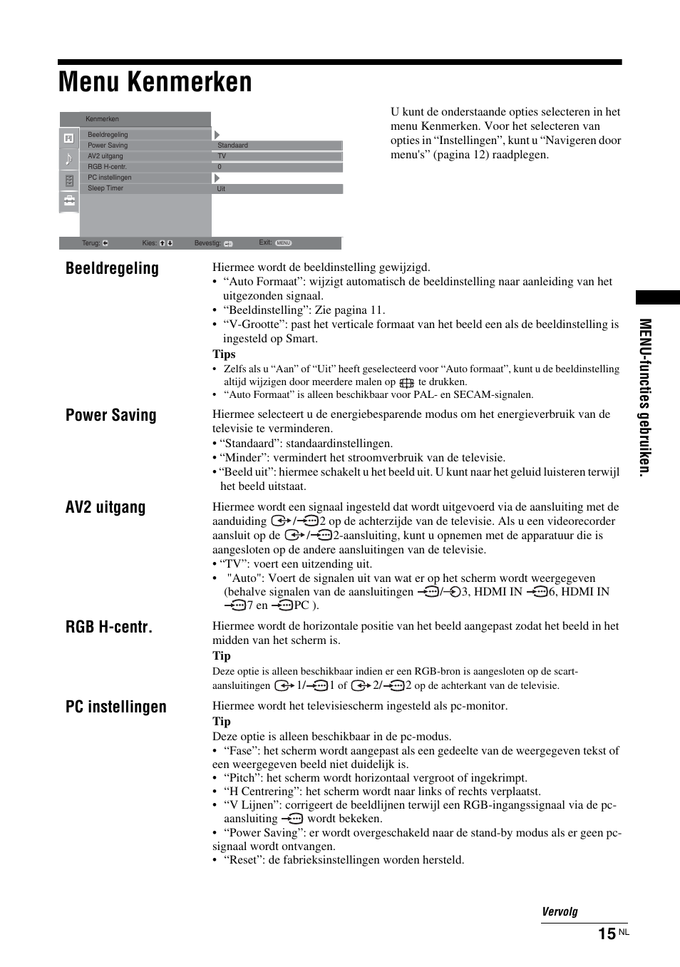 Menu kenmerken, Beeldregeling, Power saving | Av2 uitgang, Rgb h-centr, Pc instellingen, Menu-functies gebruiken | Sony KLV-26U2520 User Manual | Page 81 / 89