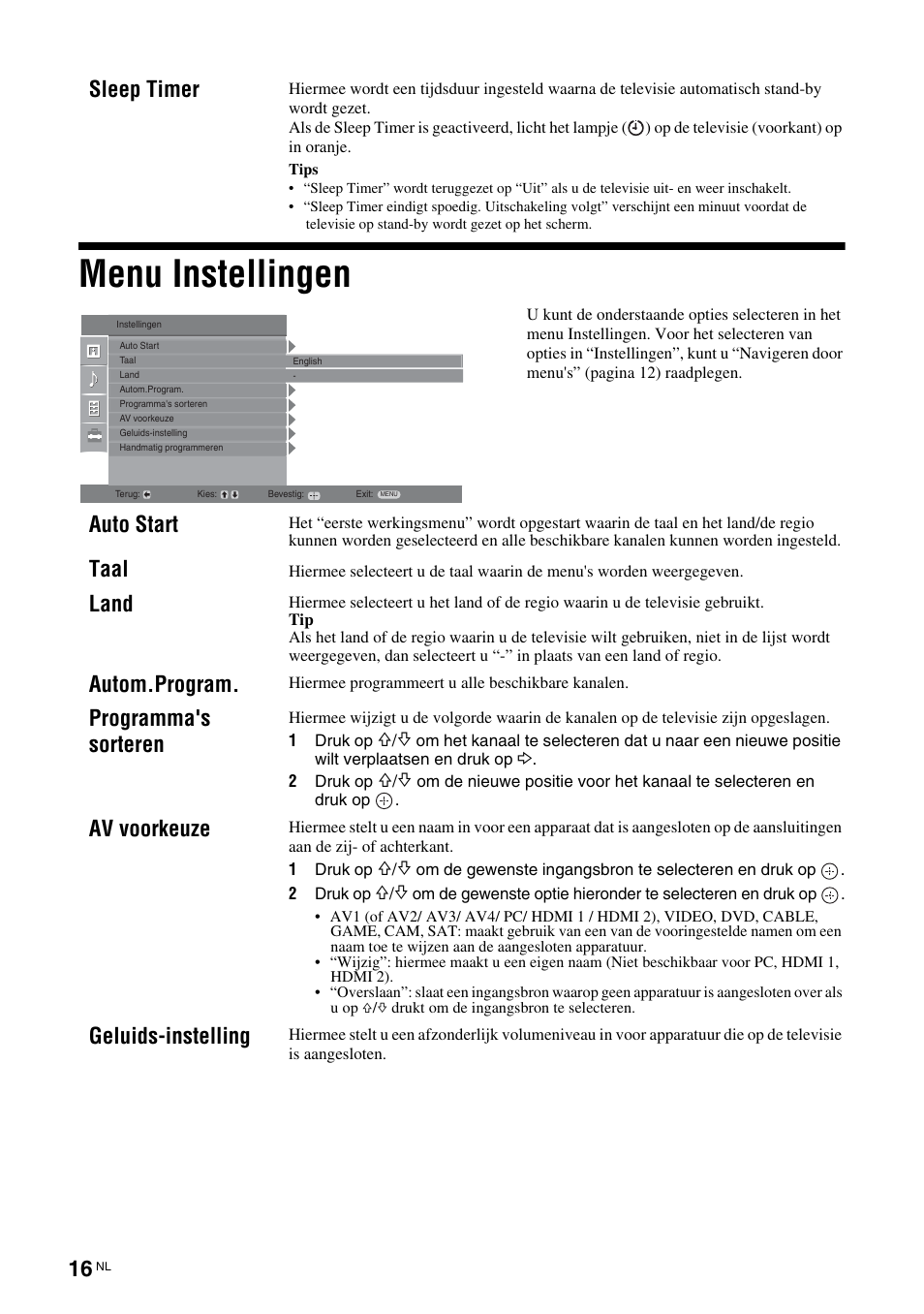 Menu instellingen, Sleep timer, Auto start | Taal, Land, Autom.program, Programma's sorteren, Av voorkeuze, Geluids-instelling | Sony KLV-26U2520 User Manual | Page 82 / 89
