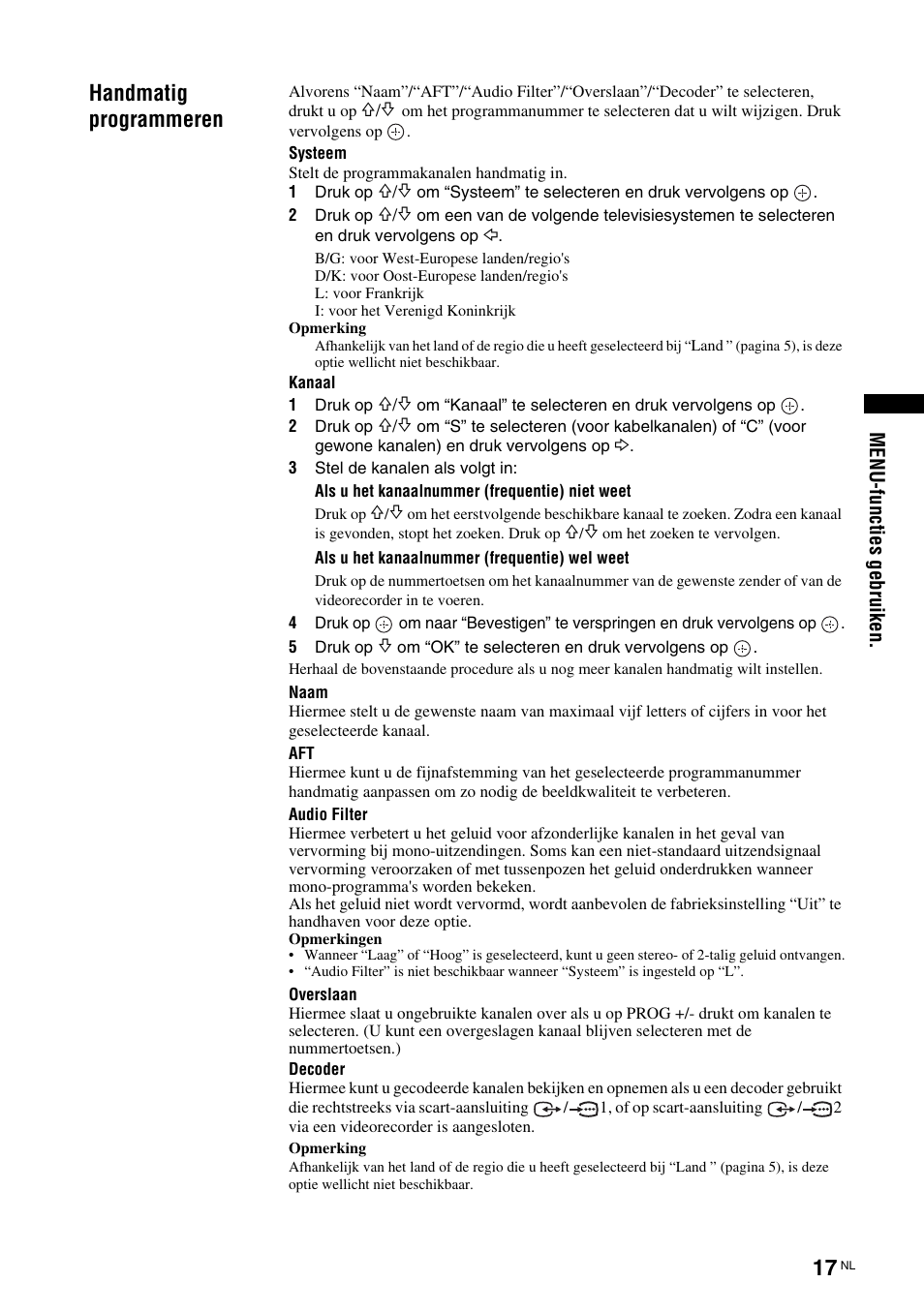 Handmatig programmeren | Sony KLV-26U2520 User Manual | Page 83 / 89