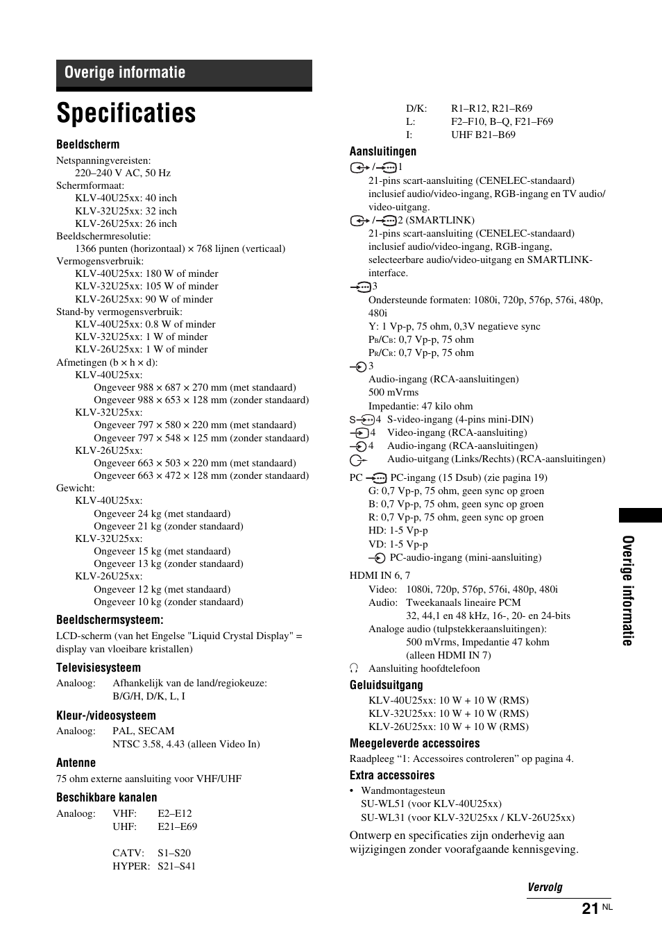 Specificaties, Overige informatie | Sony KLV-26U2520 User Manual | Page 87 / 89