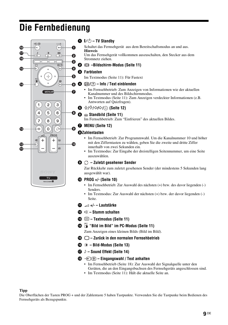 Die fernbedienung | Sony KLV-26U2520 User Manual | Page 9 / 89