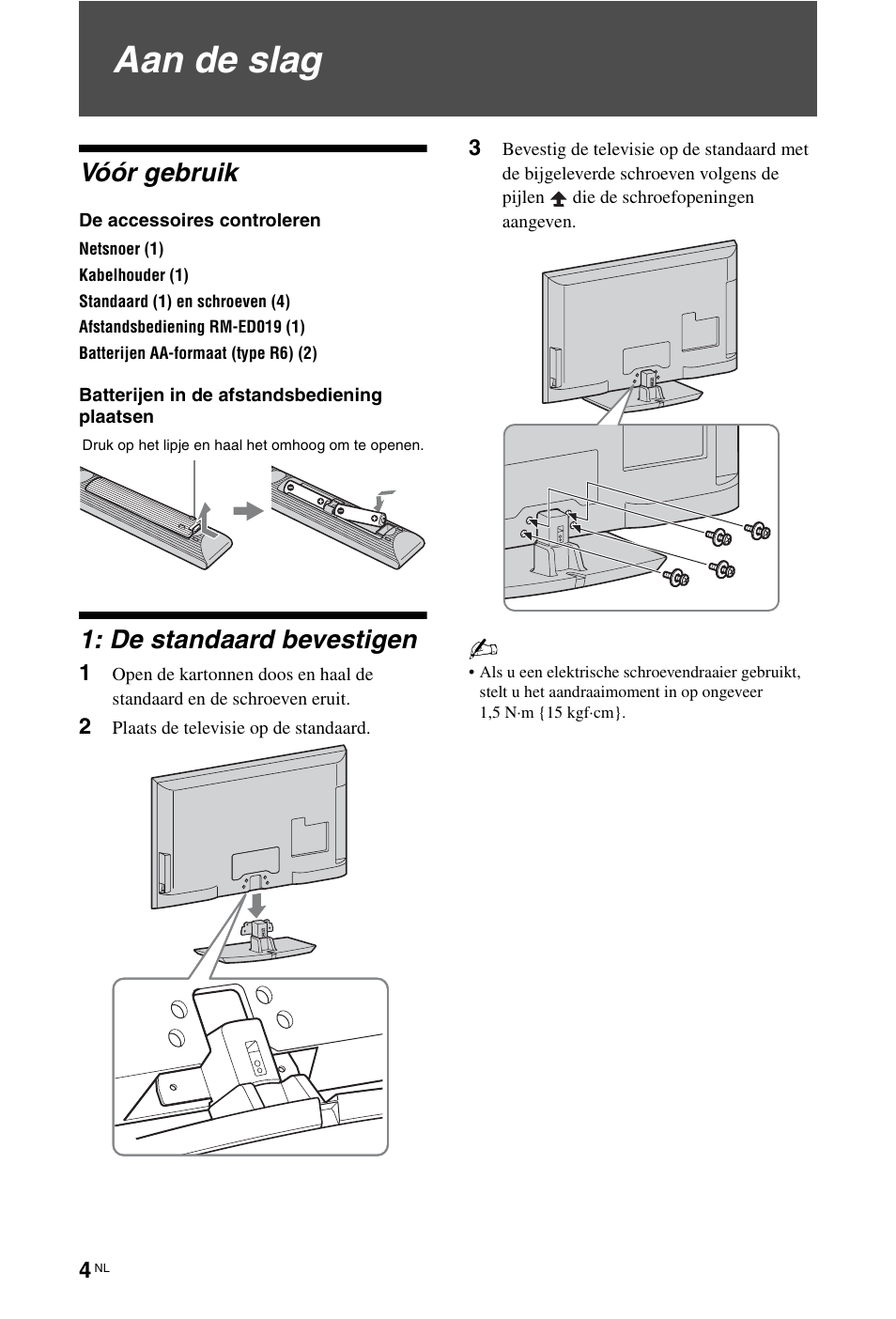 Aan de slag, Vóór gebruik, De standaard bevestigen | Sony KDL-46Z5500 User Manual | Page 108 / 160