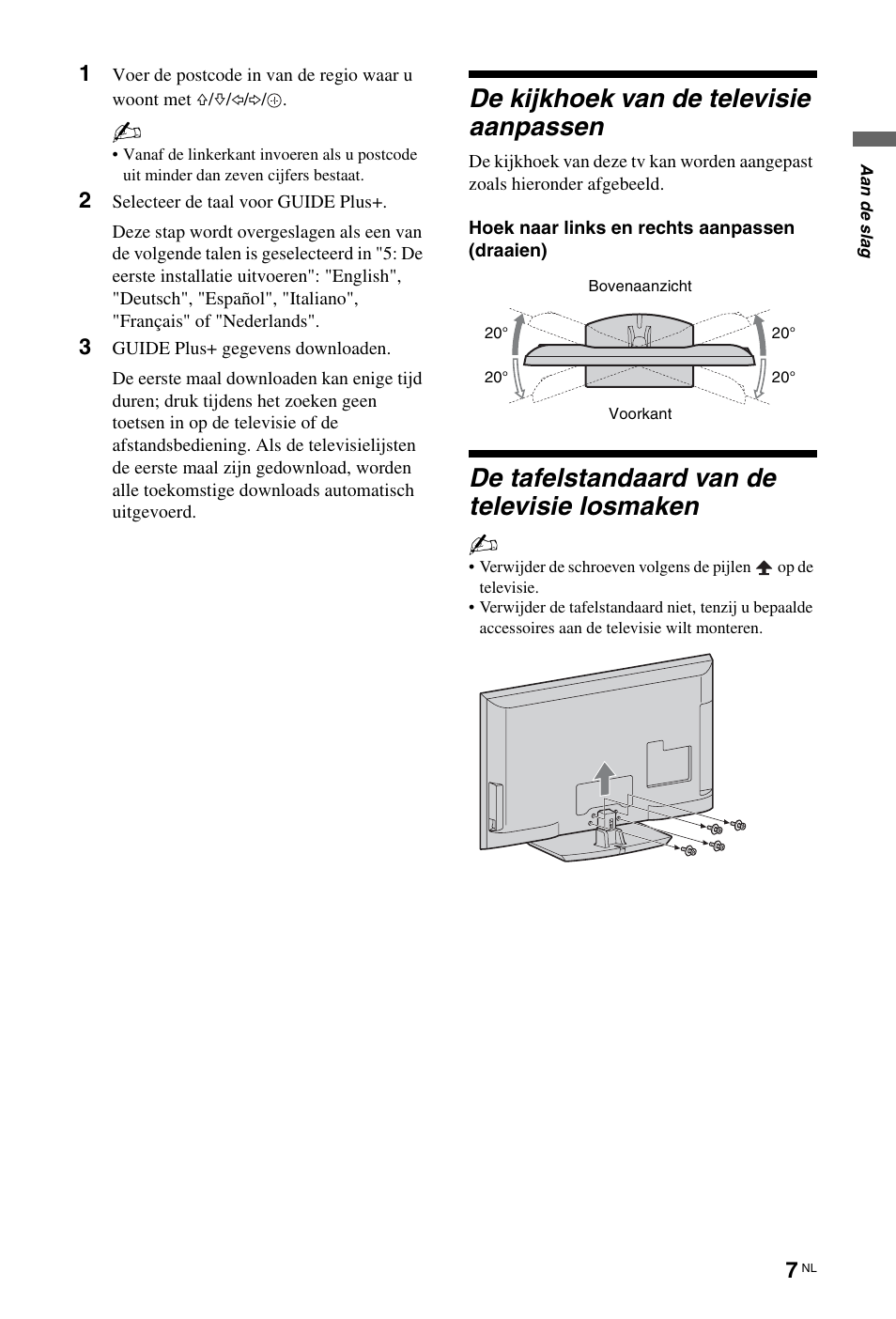 De kijkhoek van de televisie aanpassen, De tafelstandaard van de televisie losmaken | Sony KDL-46Z5500 User Manual | Page 111 / 160