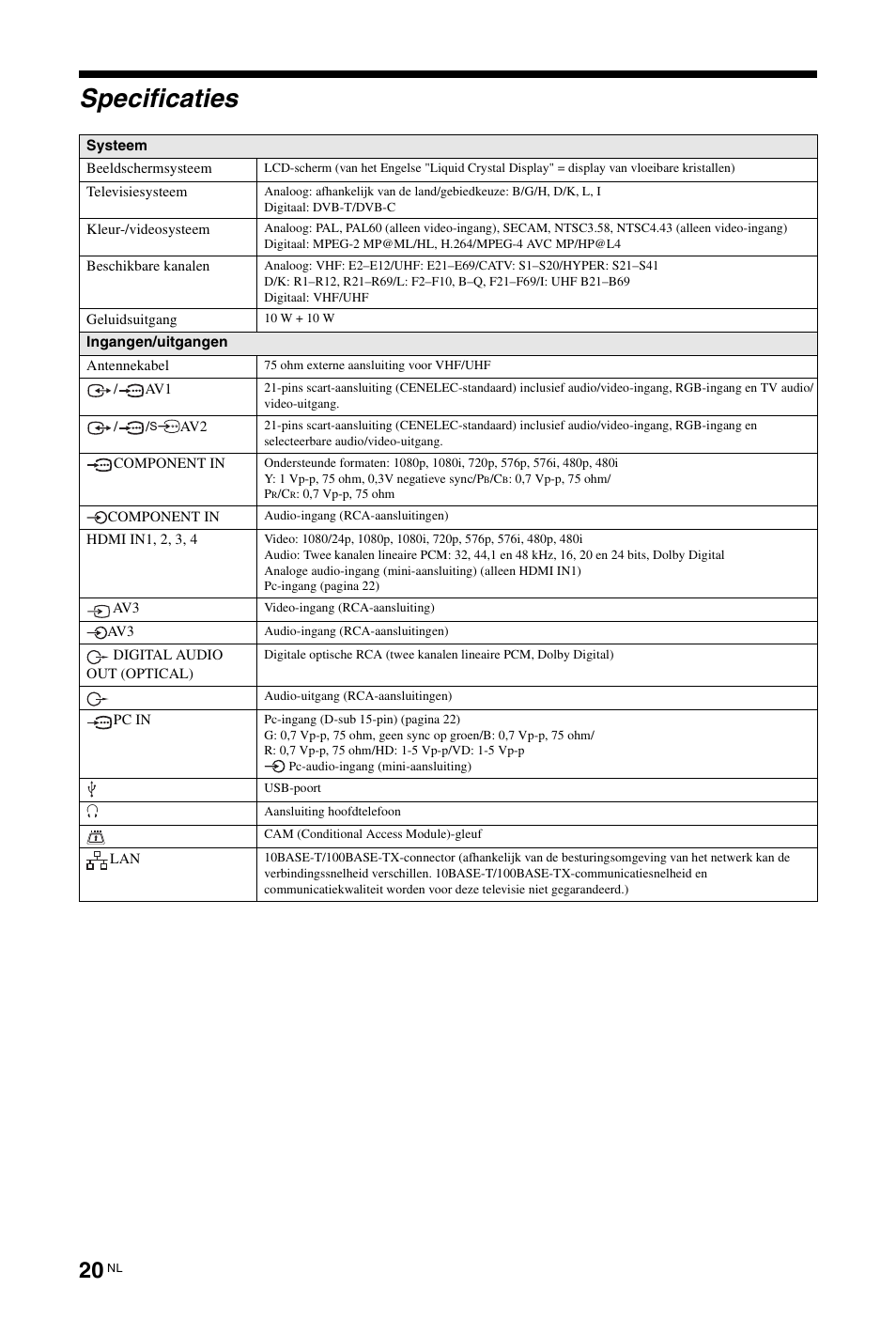 Specificaties | Sony KDL-46Z5500 User Manual | Page 124 / 160