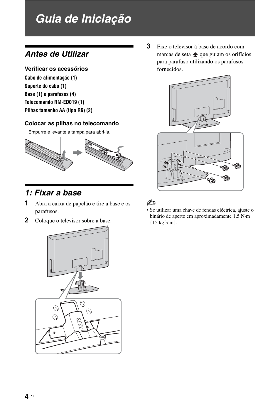 Guia de iniciação, Antes de utilizar, Fixar a base | Sony KDL-46Z5500 User Manual | Page 134 / 160