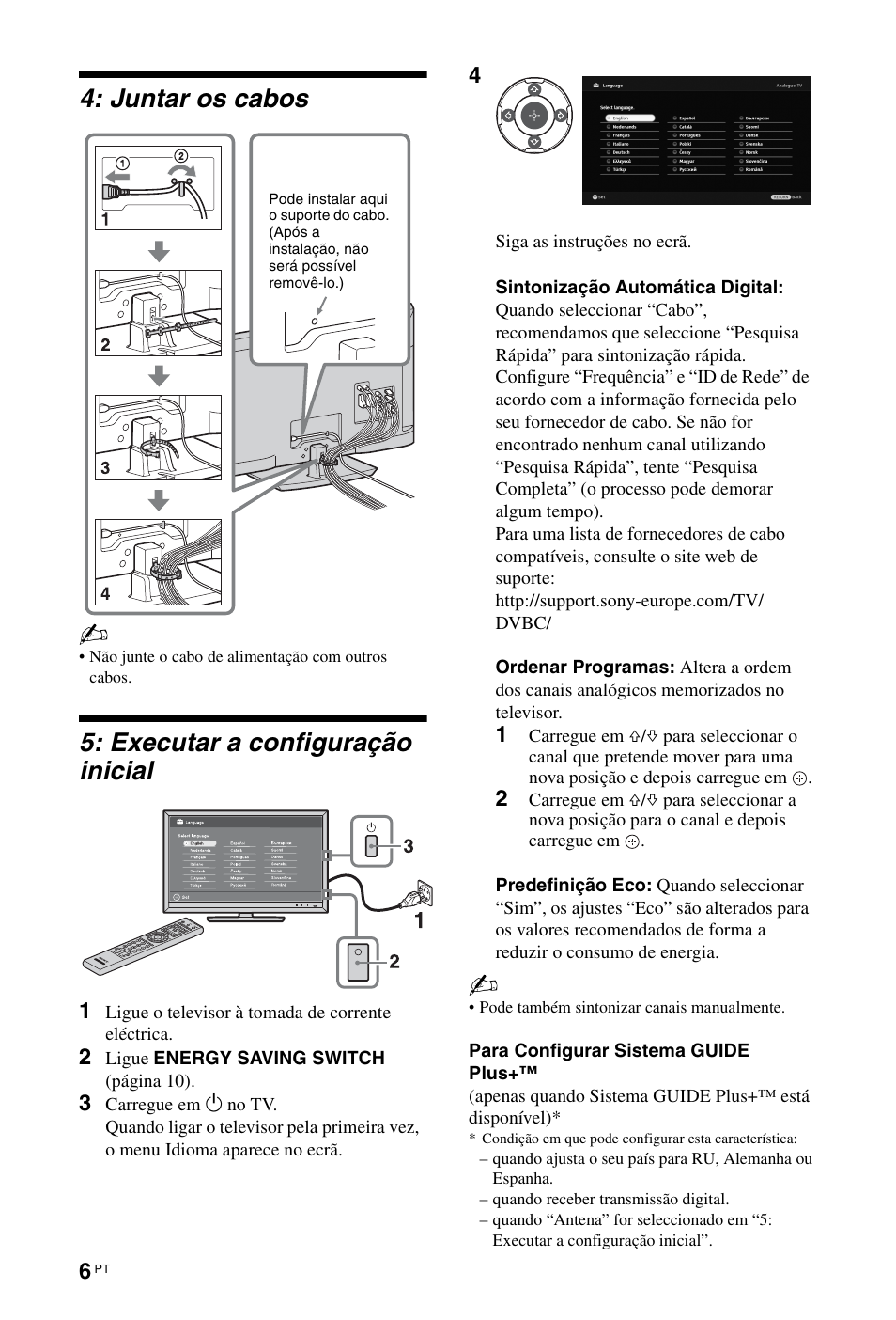 Juntar os cabos, Executar a configuração inicial | Sony KDL-46Z5500 User Manual | Page 136 / 160
