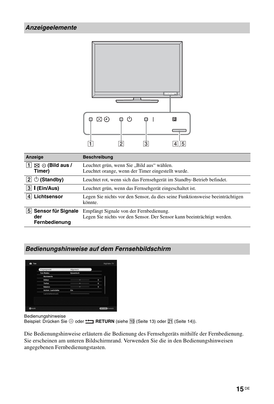 Anzeigeelemente, Bedienungshinweise auf dem fernsehbildschirm | Sony KDL-46Z5500 User Manual | Page 15 / 160