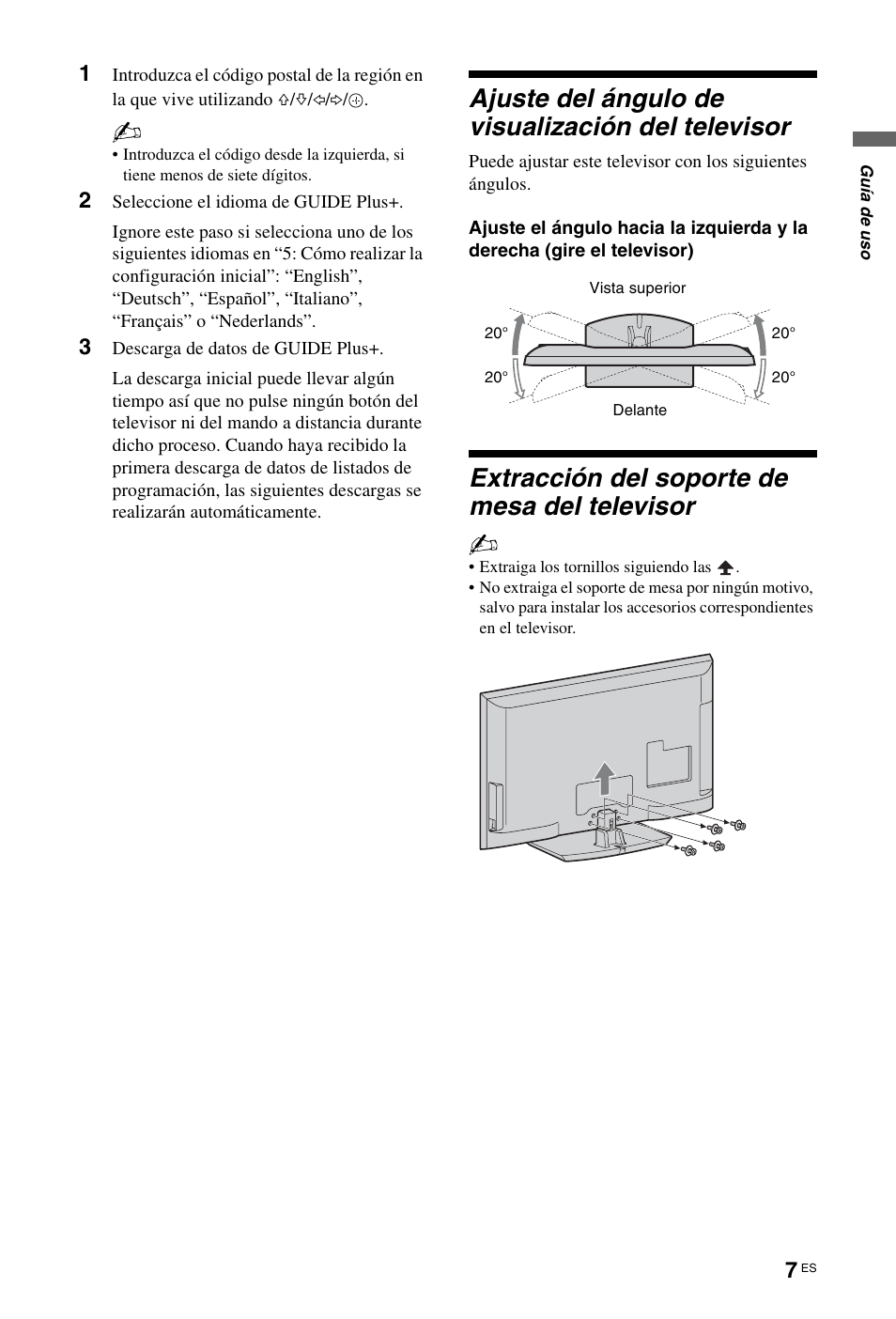 Ajuste del ángulo de visualización del televisor, Extracción del soporte de mesa del televisor | Sony KDL-46Z5500 User Manual | Page 33 / 160