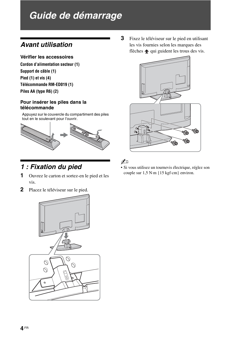 Guide de démarrage, Avant utilisation, 1 : fixation du pied | Sony KDL-46Z5500 User Manual | Page 56 / 160