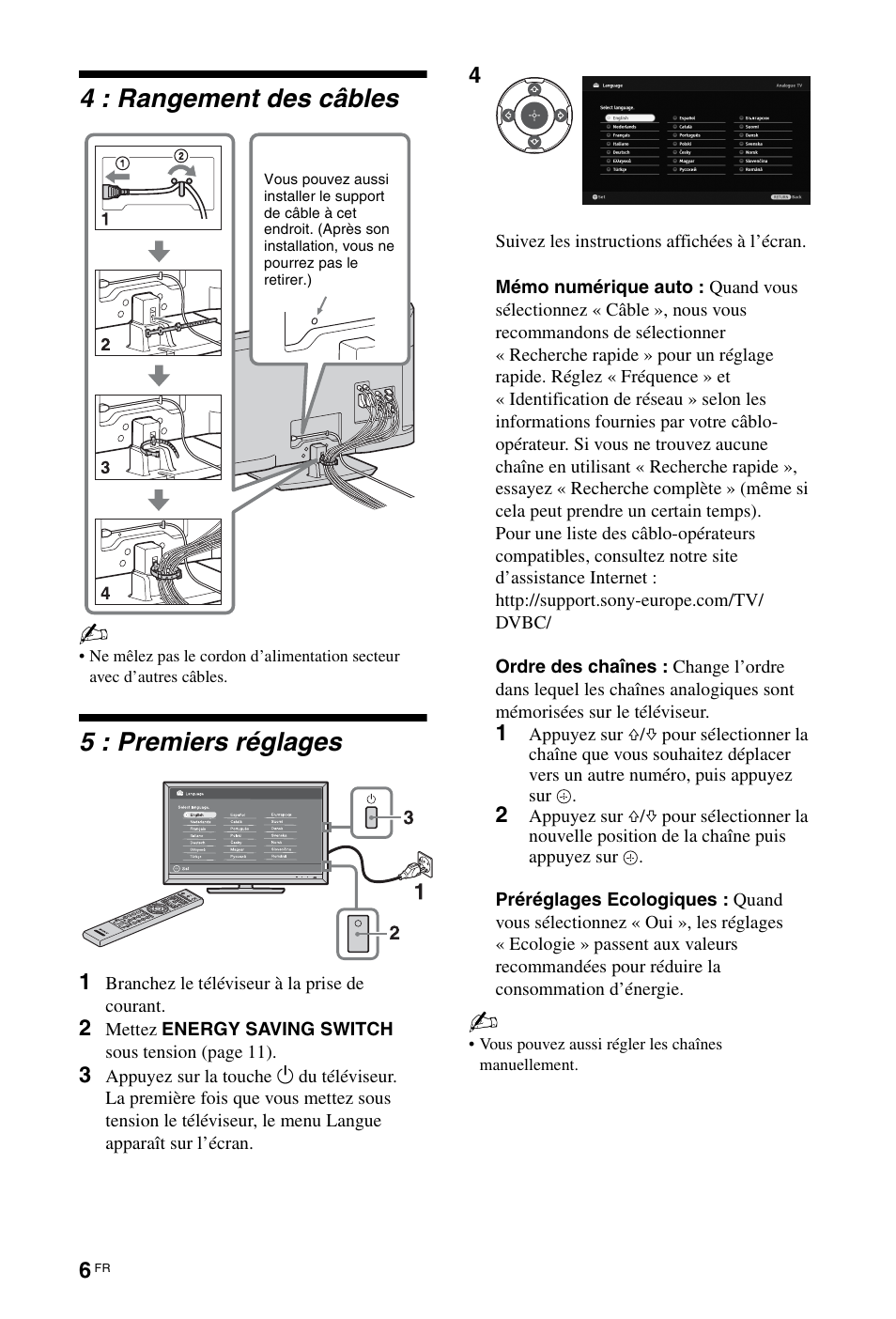 4 : rangement des câbles, 5 : premiers réglages | Sony KDL-46Z5500 User Manual | Page 58 / 160