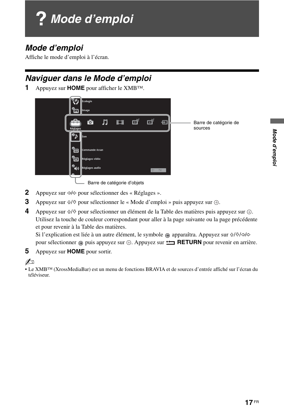 Mode d’emploi, Naviguer dans le mode d’emploi | Sony KDL-46Z5500 User Manual | Page 69 / 160
