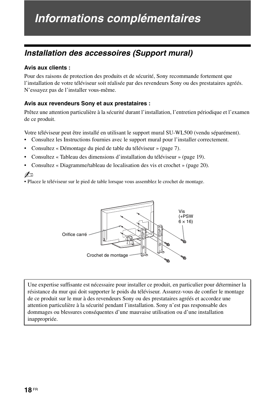 Informations complémentaires, Installation des accessoires (support mural) | Sony KDL-46Z5500 User Manual | Page 70 / 160
