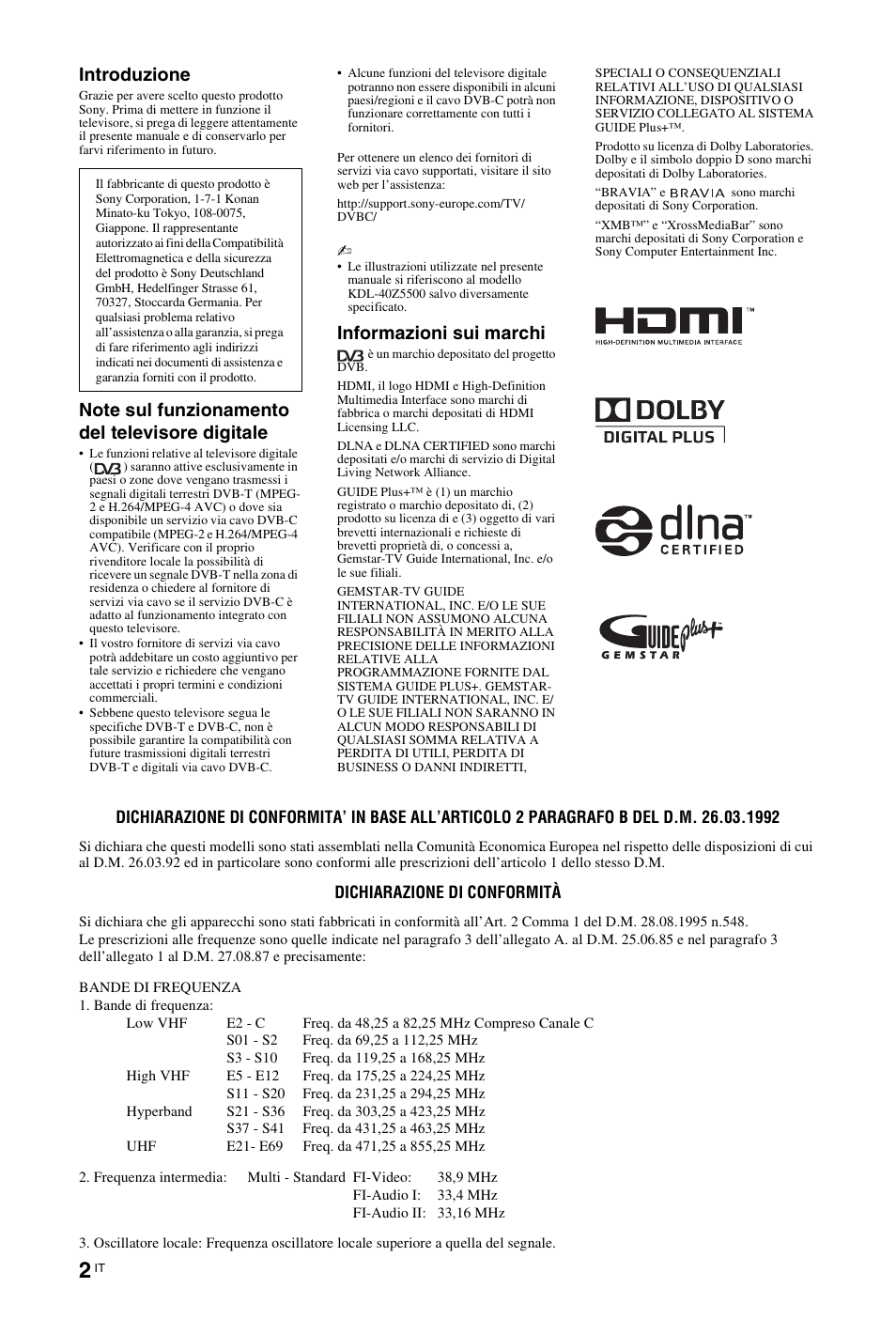 Introduzione, Informazioni sui marchi | Sony KDL-46Z5500 User Manual | Page 80 / 160