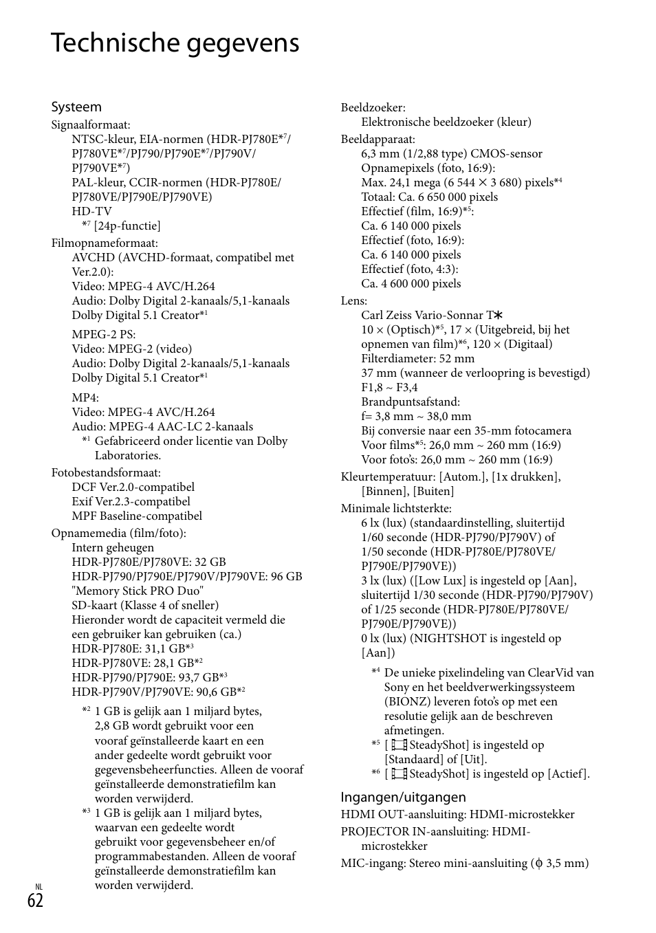 Technische gegevens, Systeem, Ingangen/uitgangen | Sony HDR-PJ780VE User Manual | Page 212 / 371