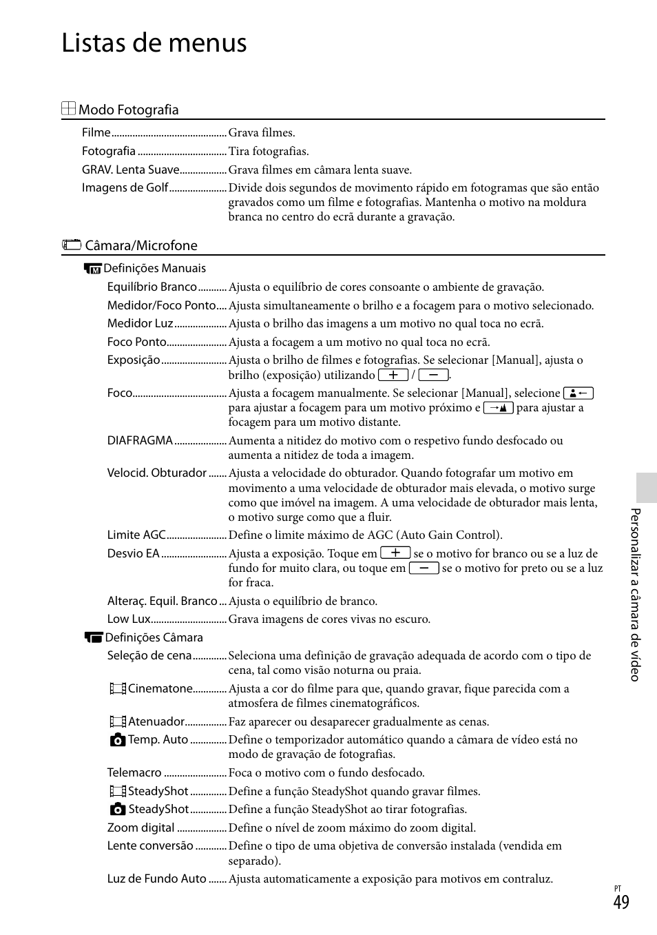 Listas de menus | Sony HDR-PJ780VE User Manual | Page 347 / 371