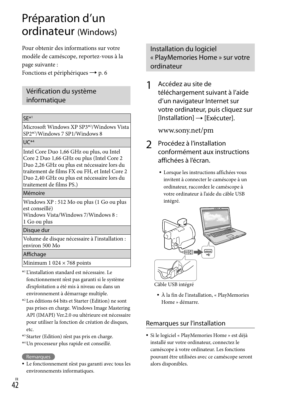 Préparation d’un ordinateur (windows), Vérification du système informatique, Préparation d’un ordinateur | Windows), Exécuter, Remarques sur l’installation | Sony HDR-PJ780VE User Manual | Page 42 / 371