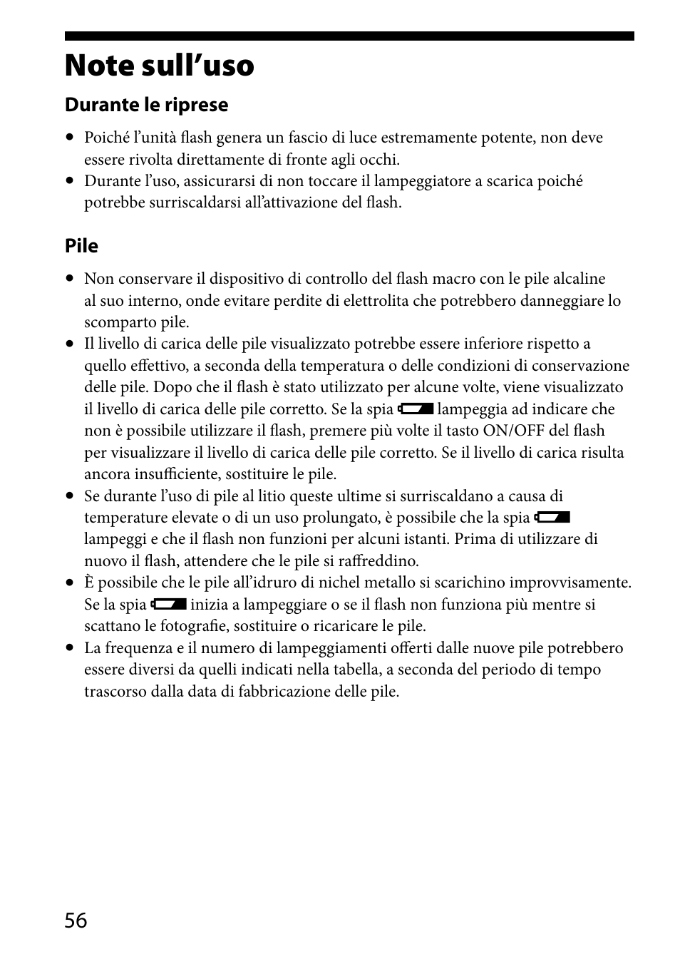 Note sull’uso, Durante le riprese, Pile | Sony HVL-MT24AM User Manual | Page 232 / 293
