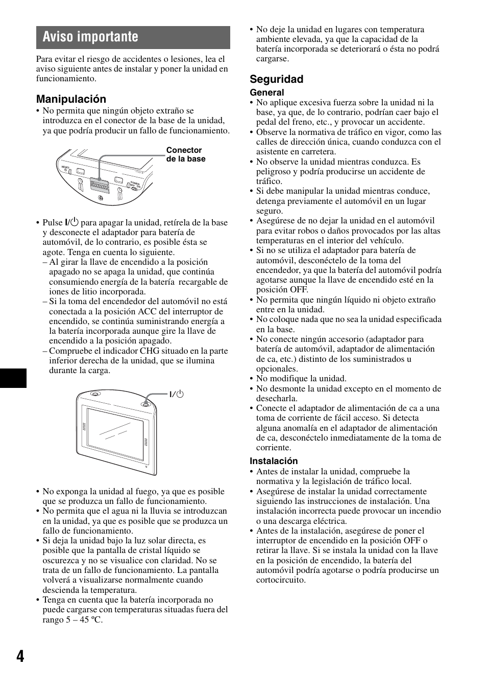 Aviso importante, Manipulación, Seguridad | Sony NV-U50 User Manual | Page 108 / 216