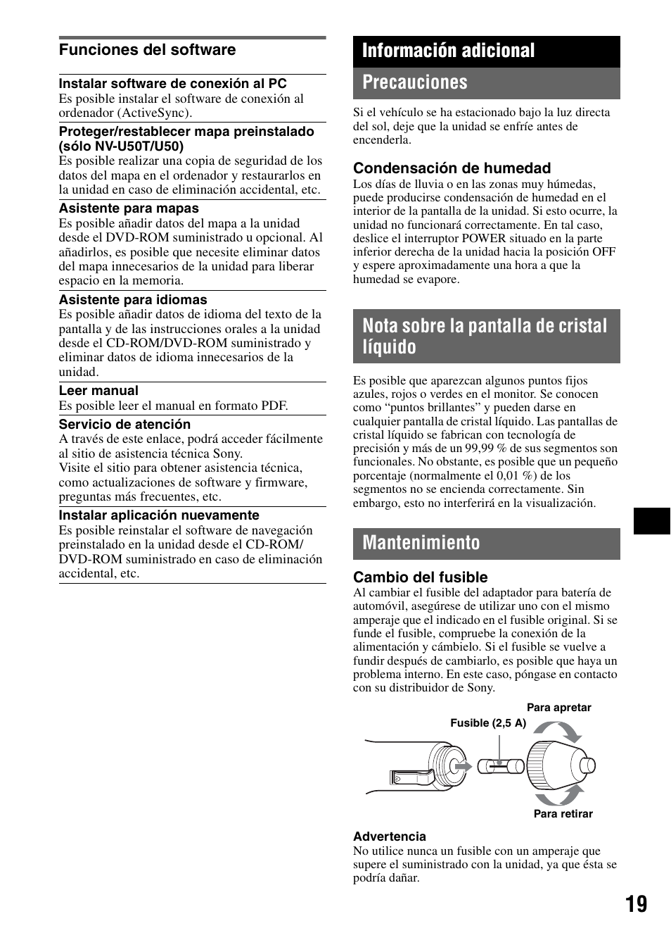 Funciones del software, Información adicional, Precauciones | Nota sobre la pantalla de cristal líquido, Mantenimiento, Información adicional precauciones | Sony NV-U50 User Manual | Page 123 / 216