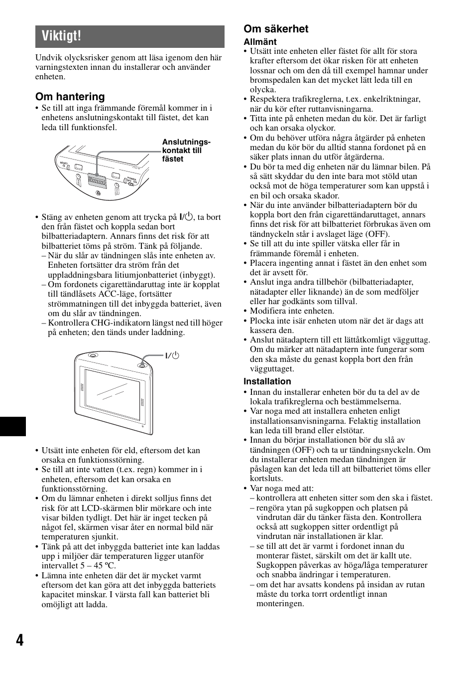 Viktigt, Om hantering, Om säkerhet | Sony NV-U50 User Manual | Page 130 / 216