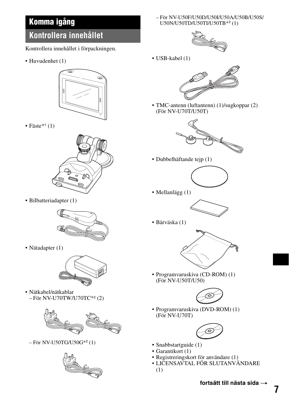 Komma igång, Kontrollera innehållet, Komma igång kontrollera innehållet | Sony NV-U50 User Manual | Page 133 / 216