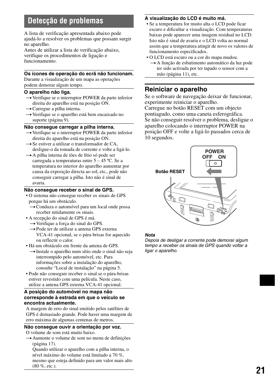 Detecção de problemas, Reiniciar o aparelho, T 21 | Sony NV-U50 User Manual | Page 167 / 216
