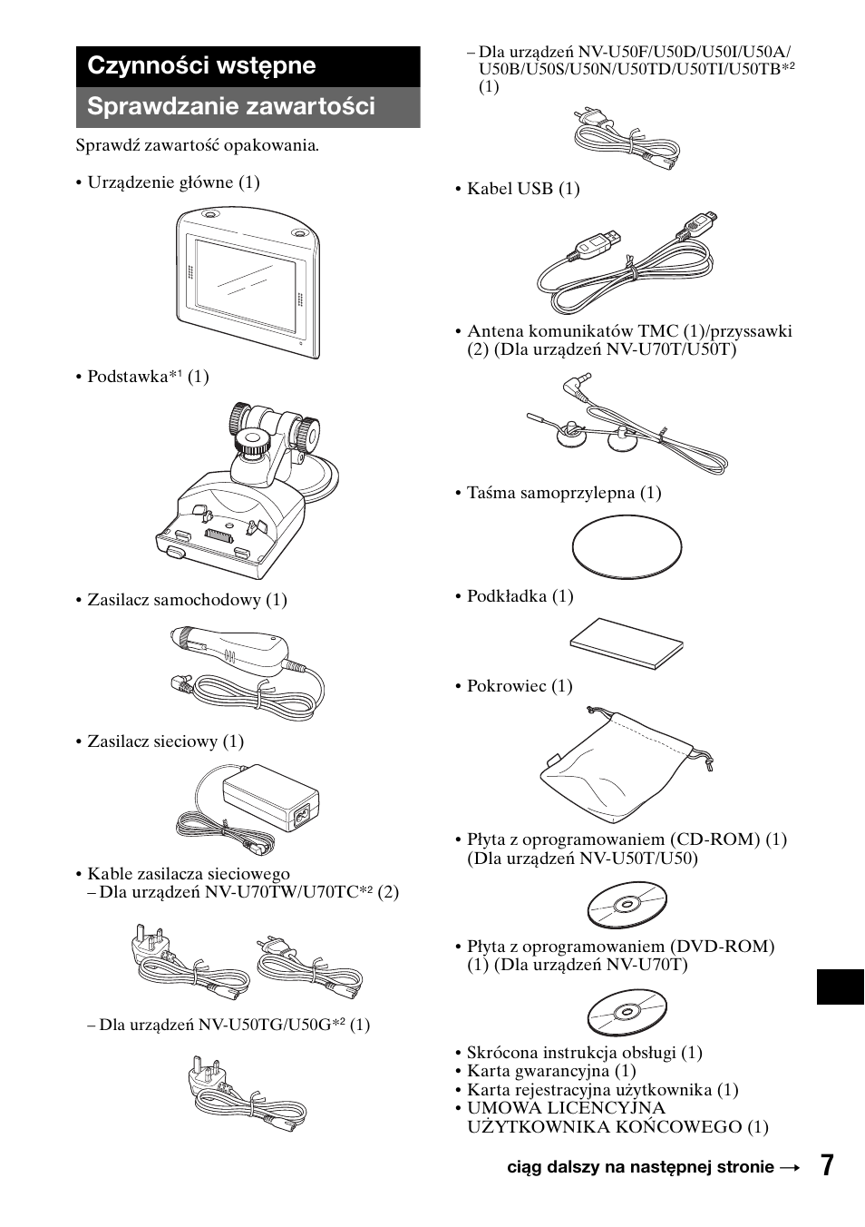 Czynności wstępne, Sprawdzanie zawartości, Czynności wstępne sprawdzanie zawartości | Sony NV-U50 User Manual | Page 173 / 216