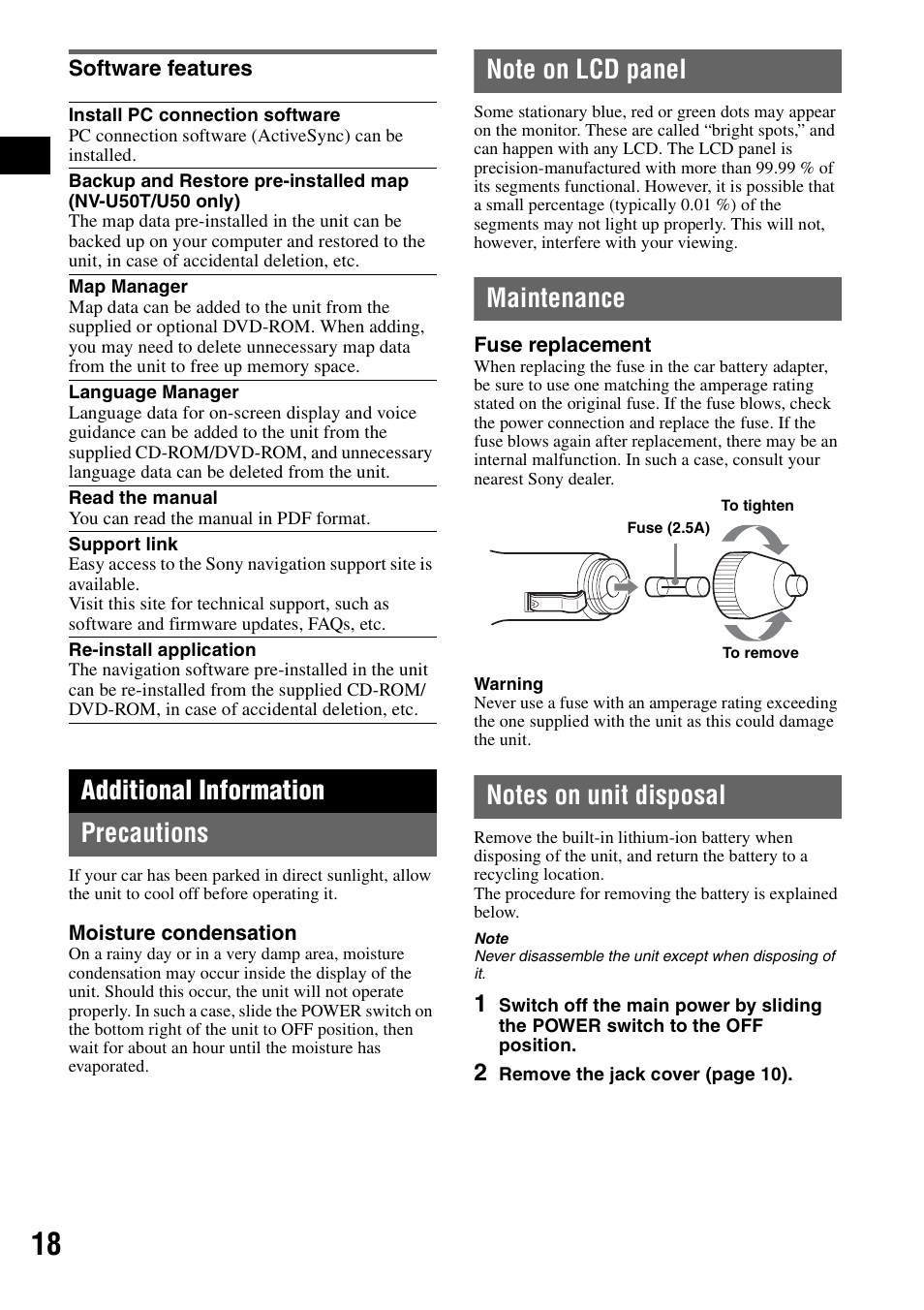Software features, Additional information, Precautions | Note on lcd panel, Maintenance, Notes on unit disposal, Additional information precautions | Sony NV-U50 User Manual | Page 18 / 216