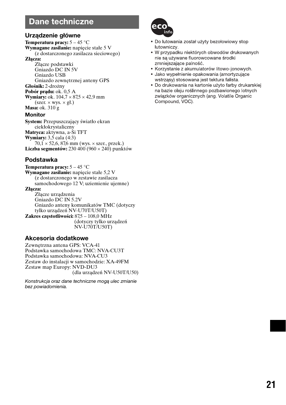 Dane techniczne | Sony NV-U50 User Manual | Page 187 / 216