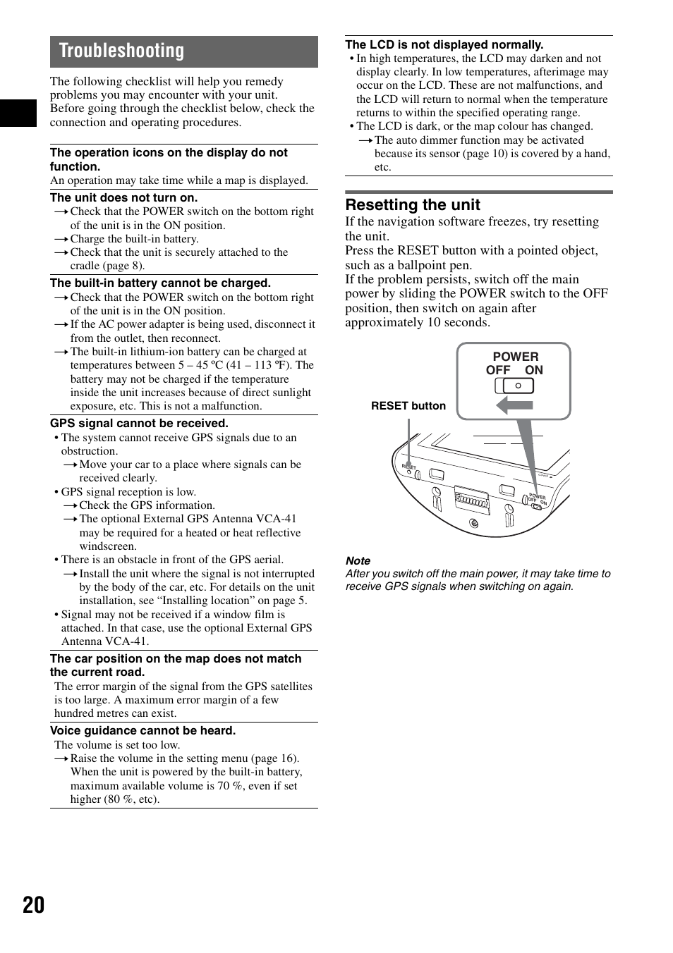Troubleshooting, Resetting the unit | Sony NV-U50 User Manual | Page 20 / 216