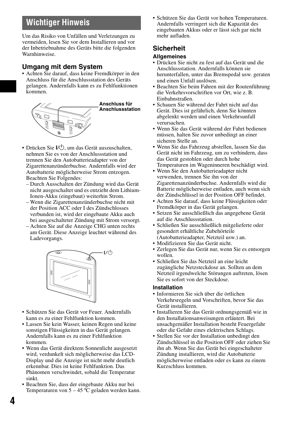 Wichtiger hinweis, Umgang mit dem system, Sicherheit | Sony NV-U50 User Manual | Page 24 / 216