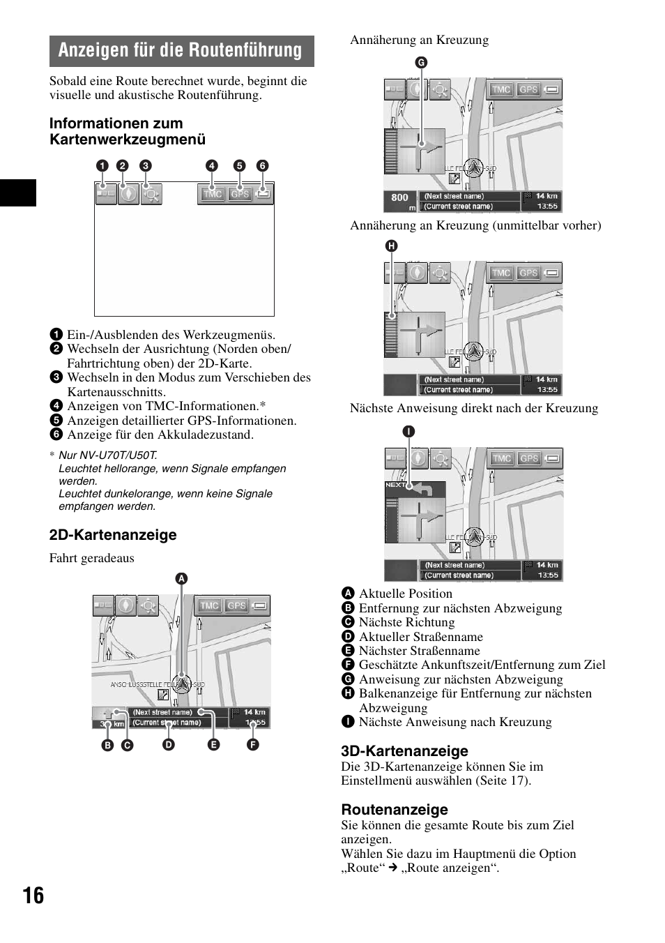 Anzeigen für die routenführung | Sony NV-U50 User Manual | Page 36 / 216