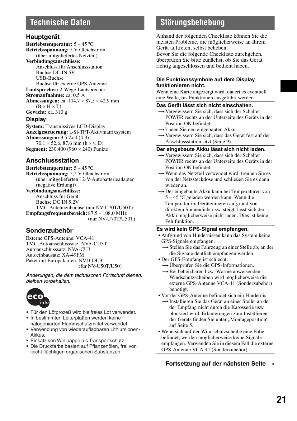 Technische daten, Störungsbehebung, Technische daten störungsbehebung | Sony NV-U50 User Manual | Page 41 / 216