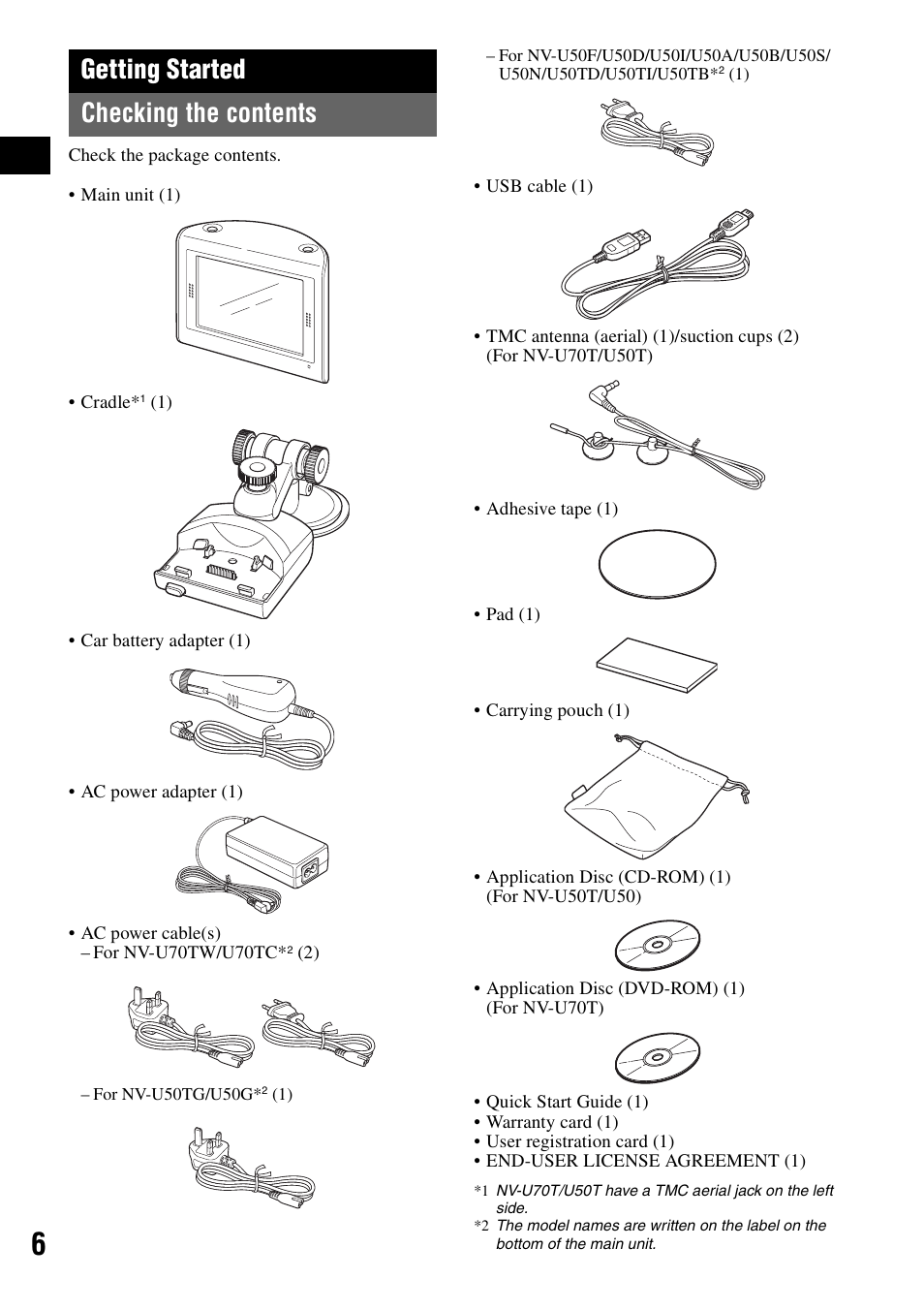 Getting started, Checking the contents, Getting started checking the contents | Sony NV-U50 User Manual | Page 6 / 216
